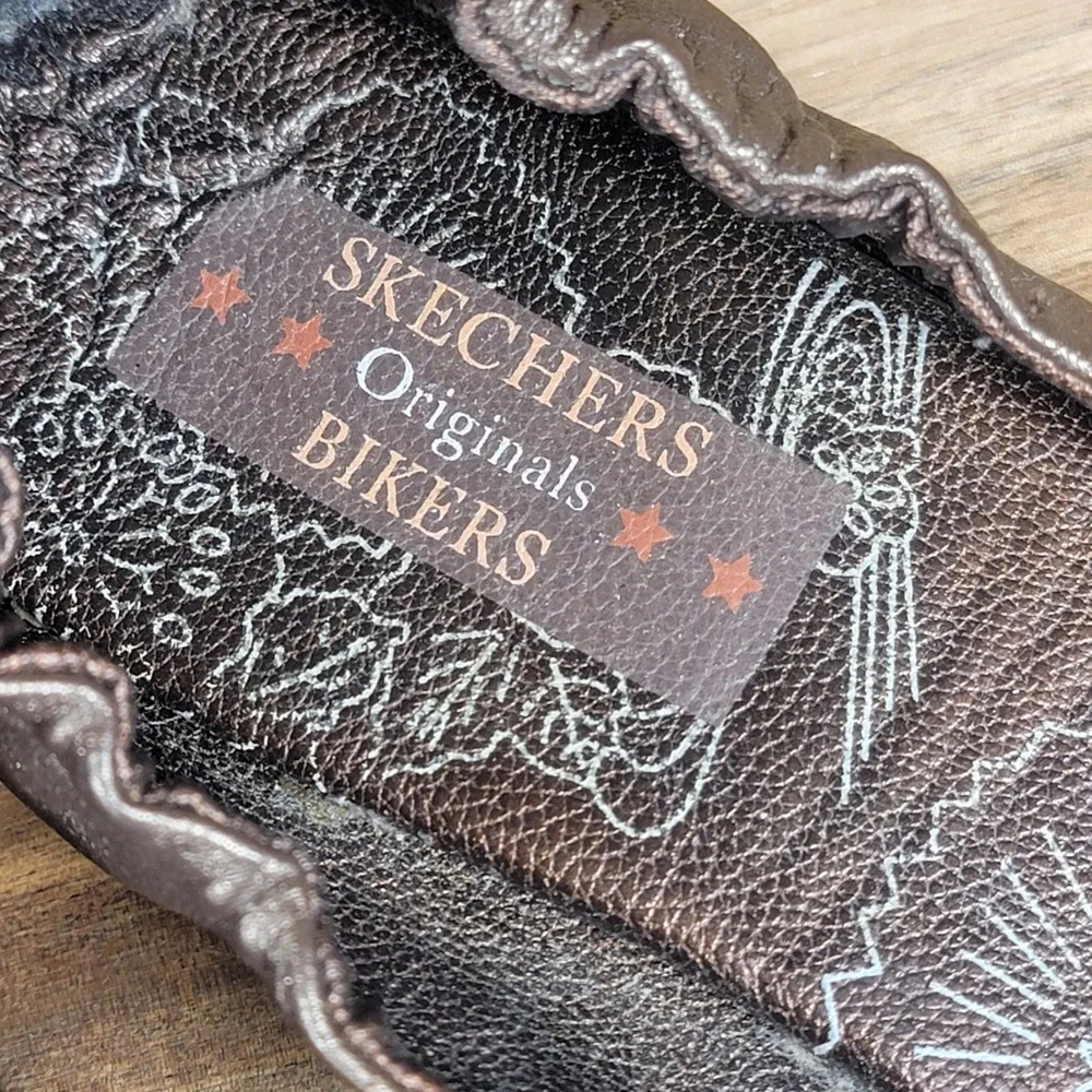 Skechers Originals Bikers Flats Leather Peep Toe Bronze Slip On Shoes Women's 9